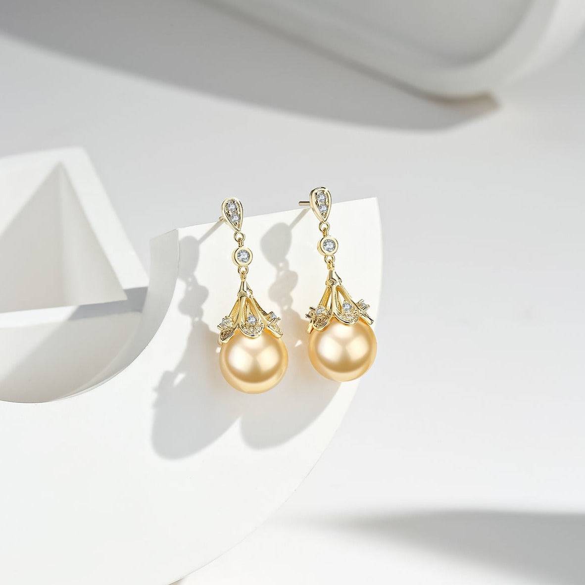 South Sea Pearl and CZ Earrings in Gold 1