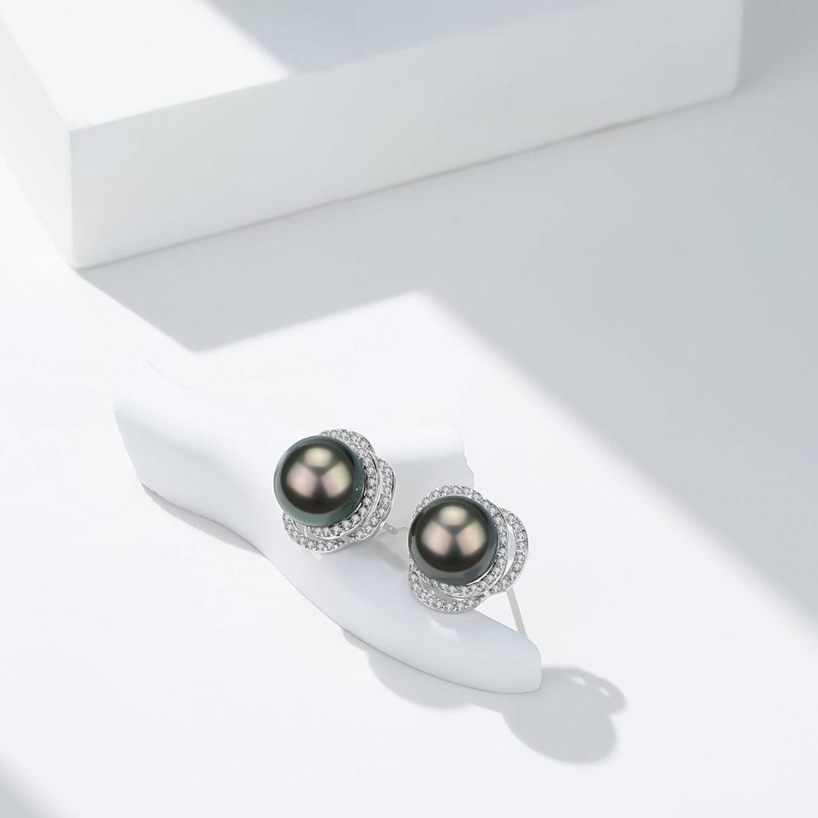 Tahitian Pearl and CZ Rose Earrings in Sterling Silver