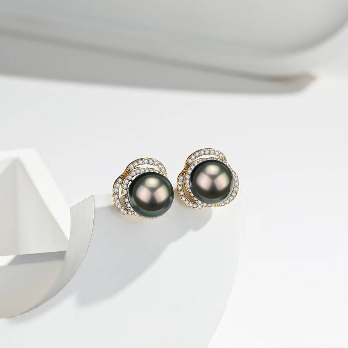 Tahitian Pearl and CZ Rose Earrings in Sterling Silver