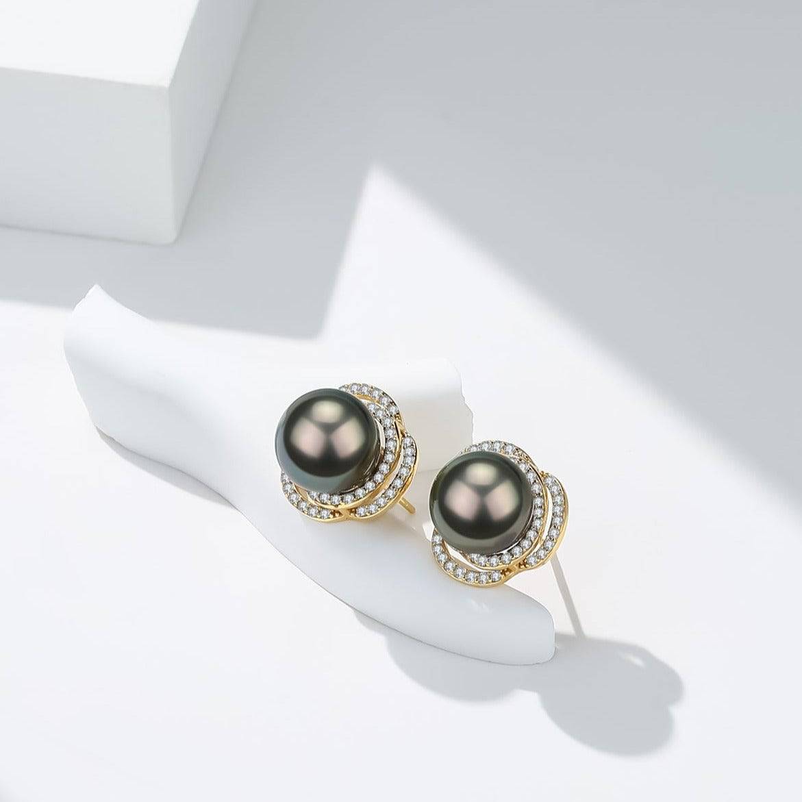 Tahitian Pearl and CZ Rose Earrings in Sterling Silver