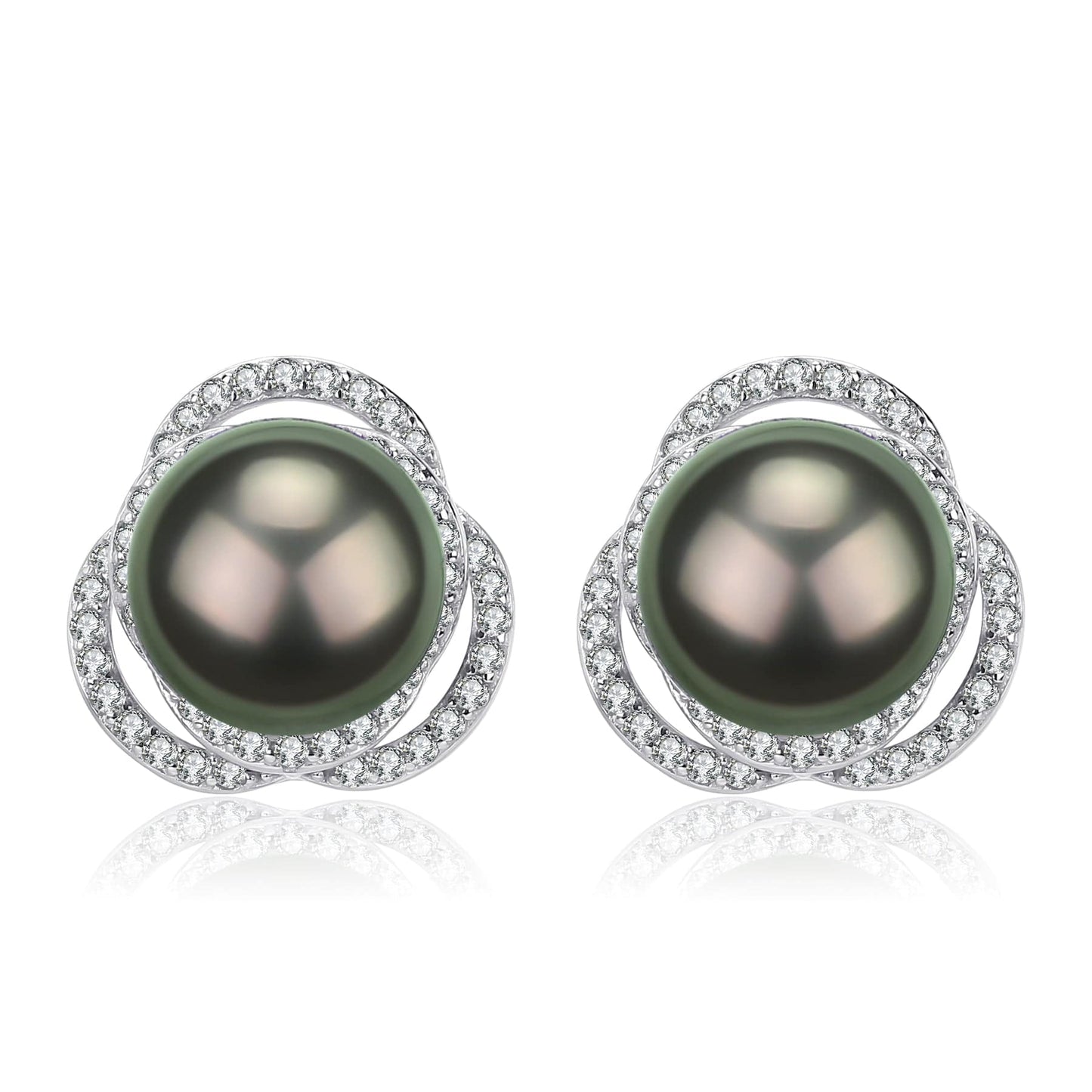 Tahitian Pearl and CZ Rose Earrings in Sterling Silver