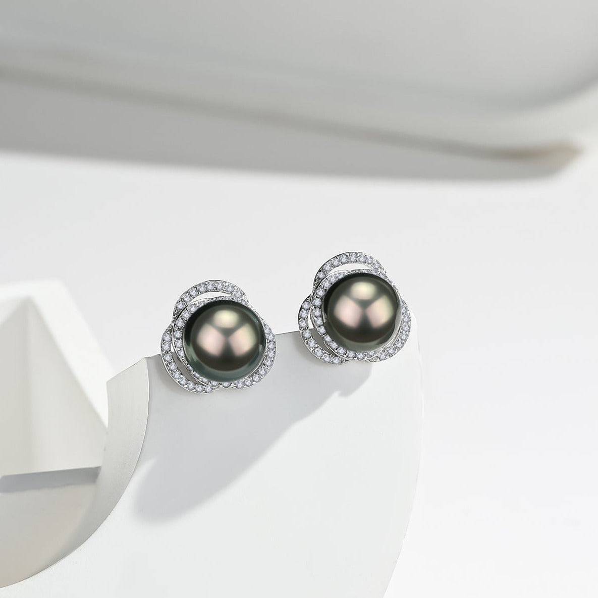 Tahitian Pearl and CZ Rose Earrings in Sterling Silver