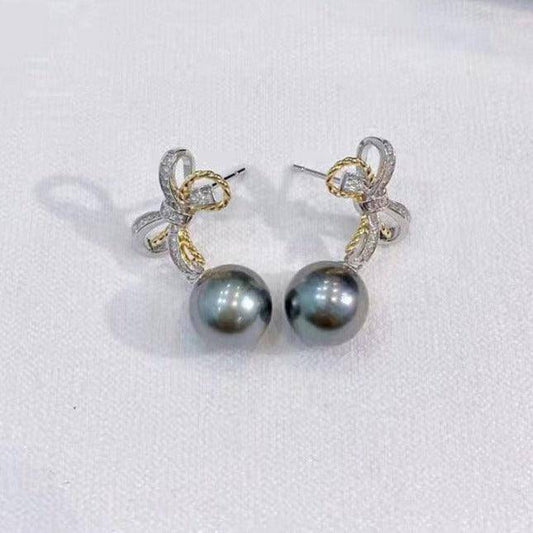 Pearl and CZ Bow Earrings in Silver Finish