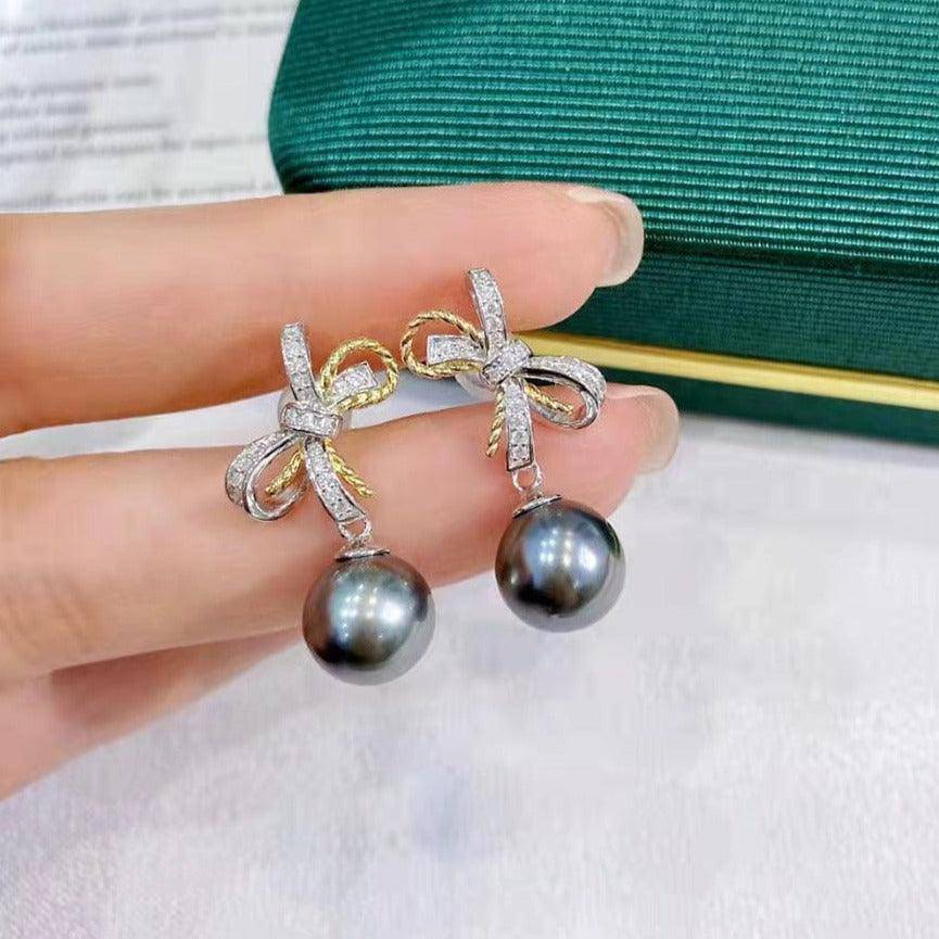 Pearl and CZ Bow Earrings in Silver Finish