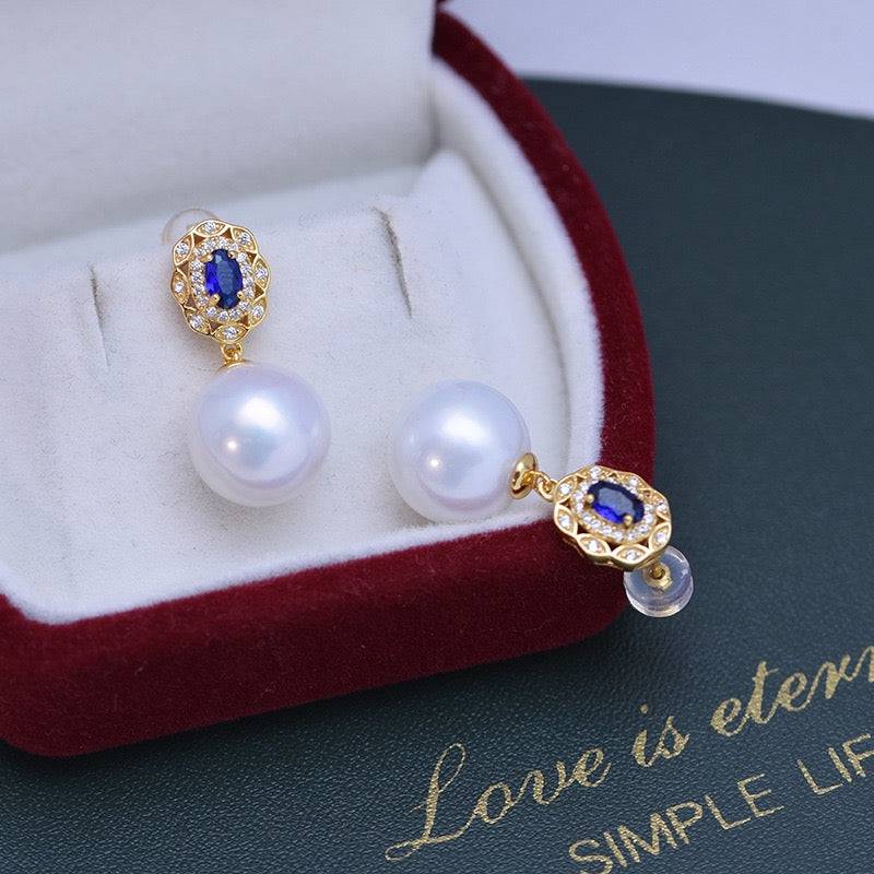 Freshwater Pearl and Blue Gem Earrings Set