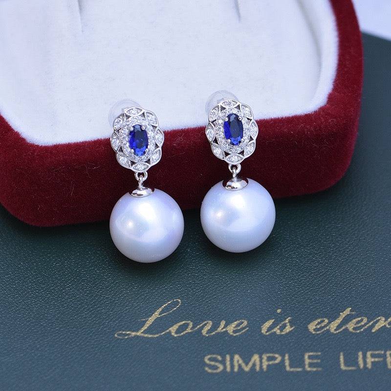 Freshwater Pearl and Blue Gem Earrings Set