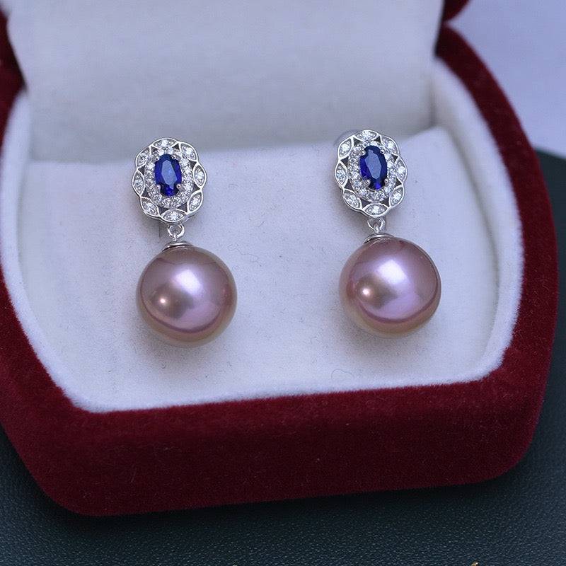 Freshwater Pearl and Blue Gem Earrings Set