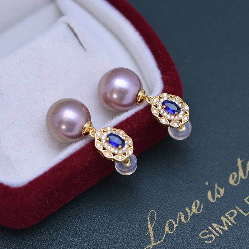 Freshwater Pearl and Blue Gem Earrings Set