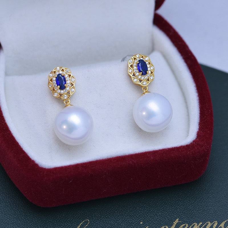 Freshwater Pearl and Blue Gem Earrings Set