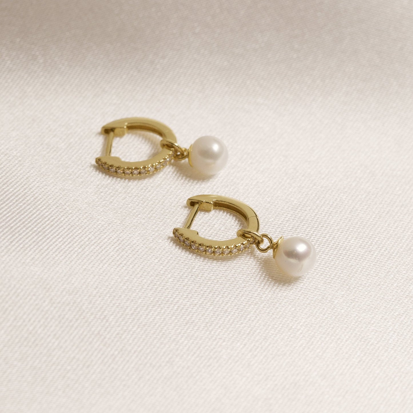 Freshwater Pearl Pave Huggie Earrings in Droplet Style