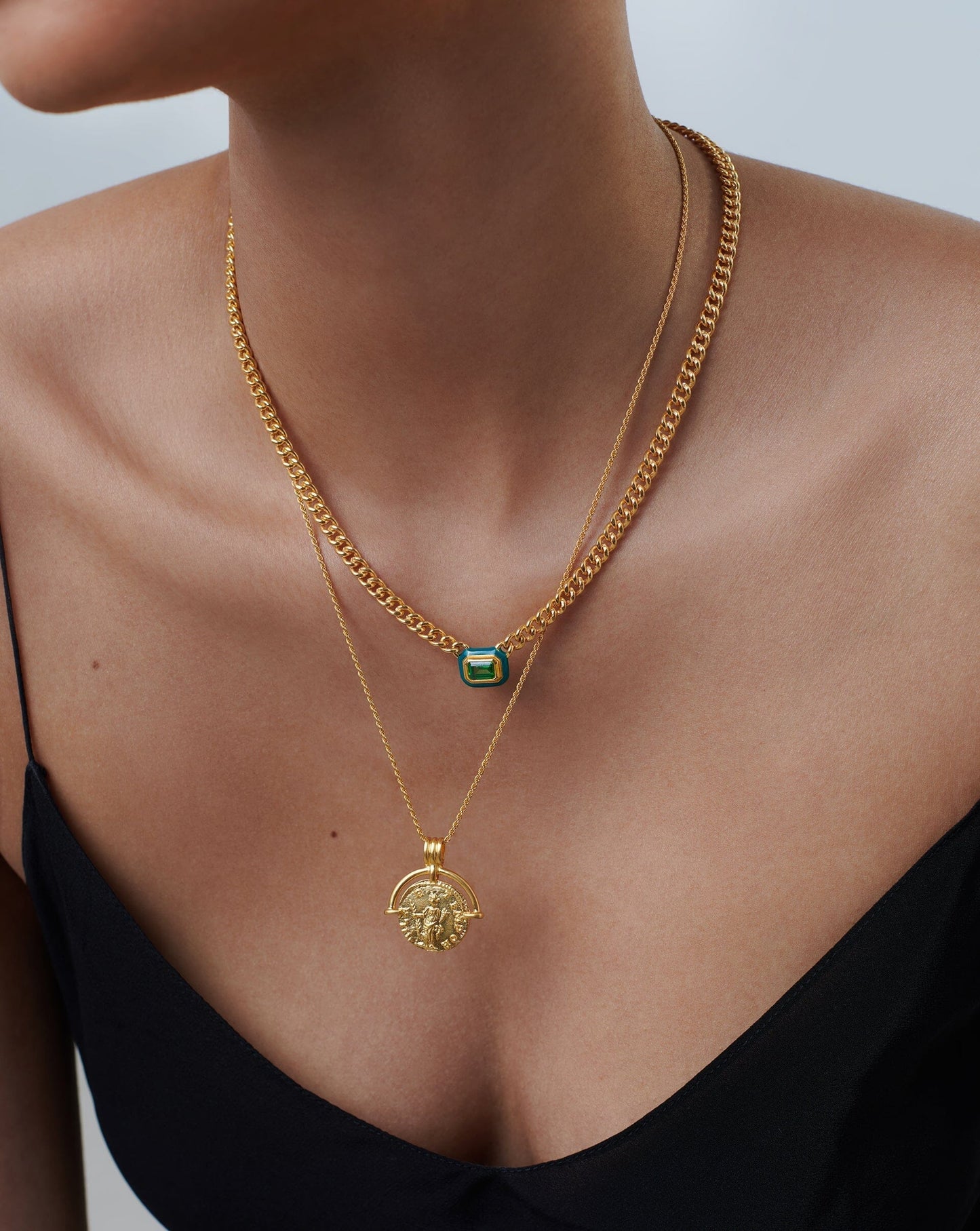 Enamel and Stone Pendant Chain Necklace in Gold Plated