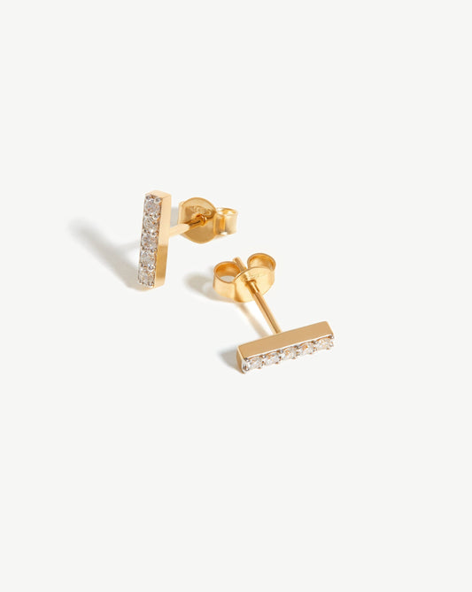 14k Solid Gold Diamond Bar Stud Earrings