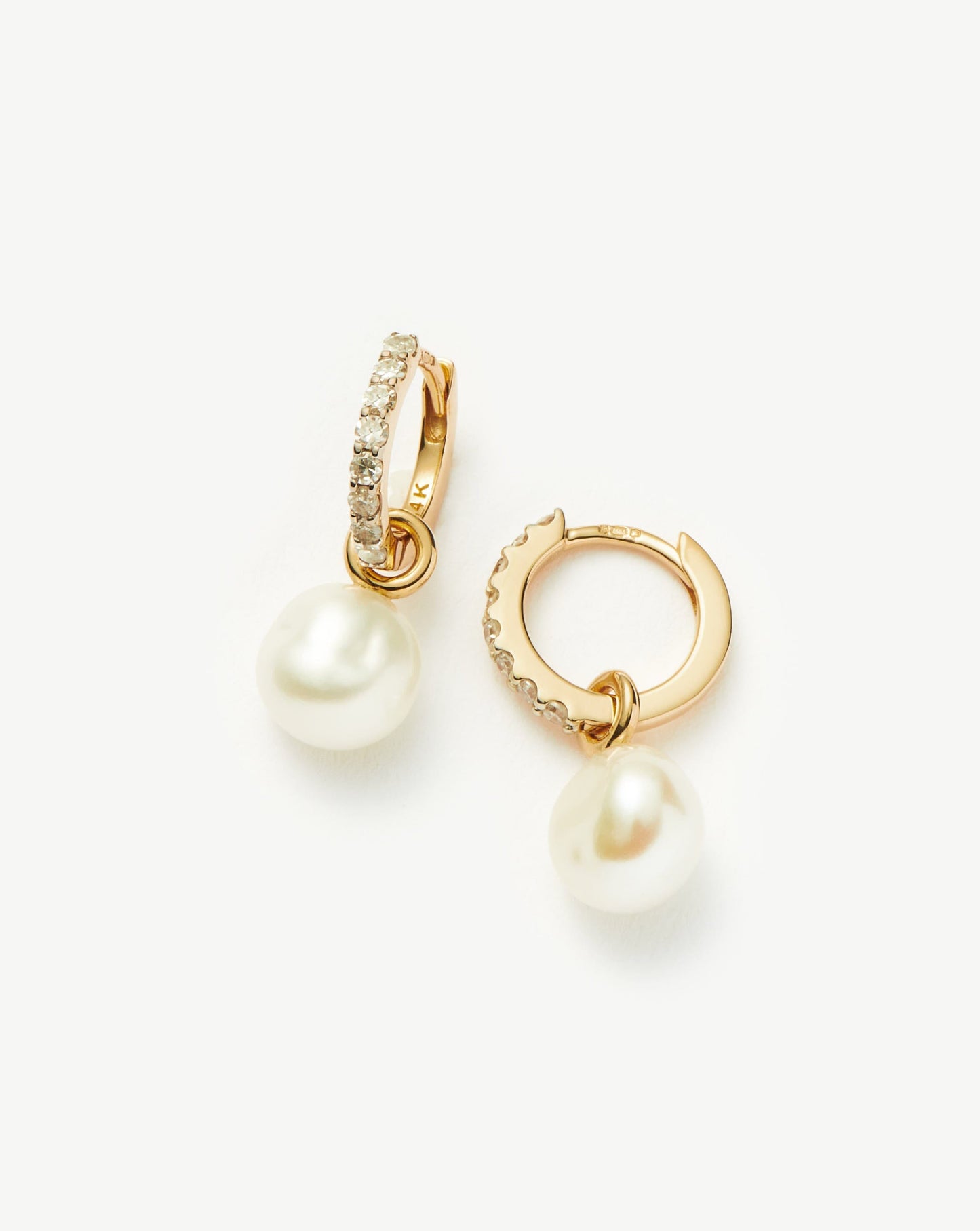 14k Solid Gold Pearl and Diamond Hoop Earrings