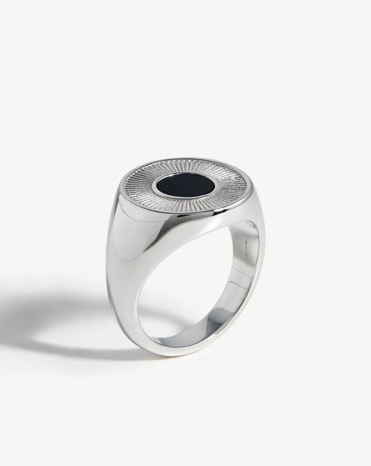 Sterling Silver Round Signet Ring with Black Spinel