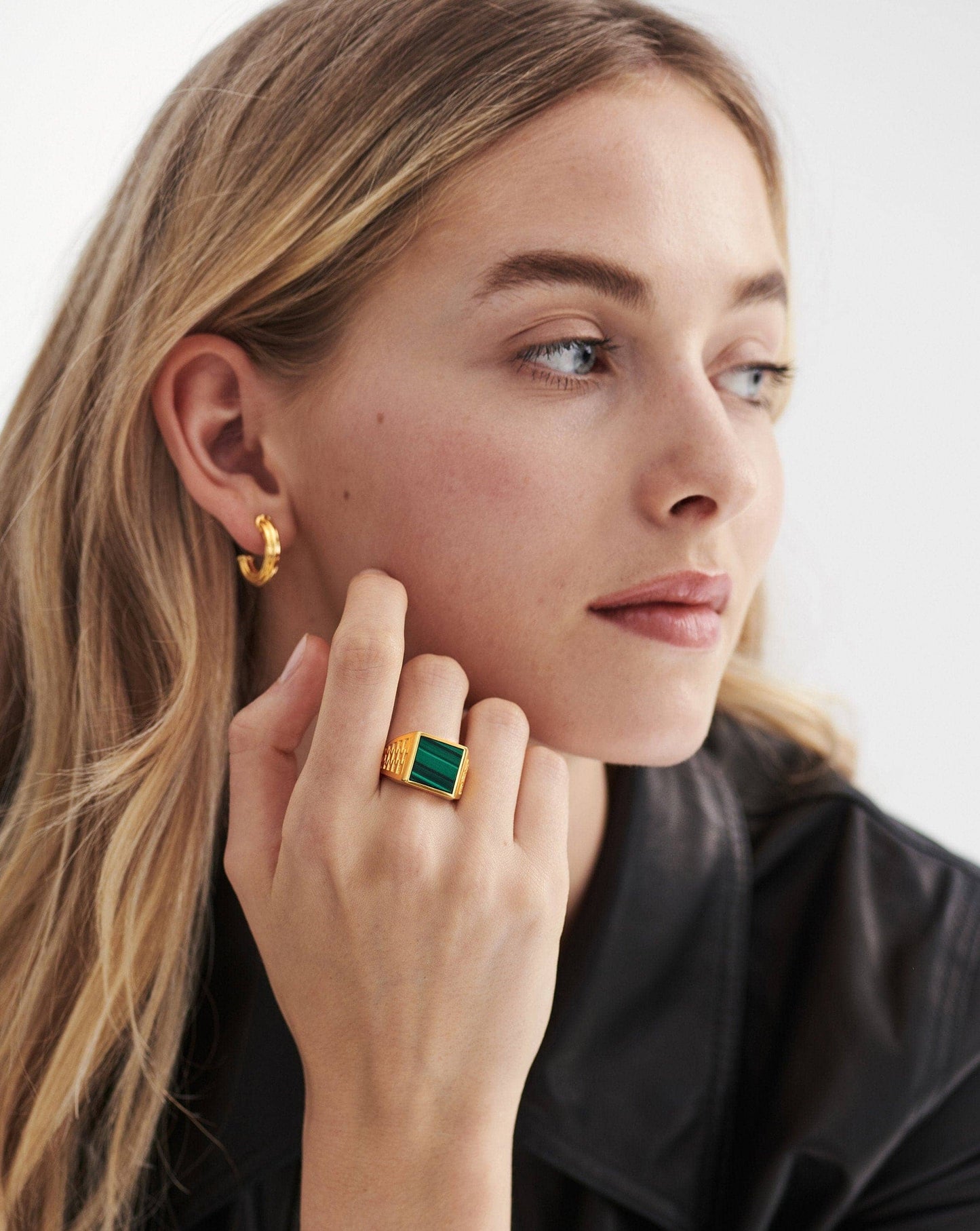 Woven Gemstone Square Signet Ring in Gold Vermeil and Malachite