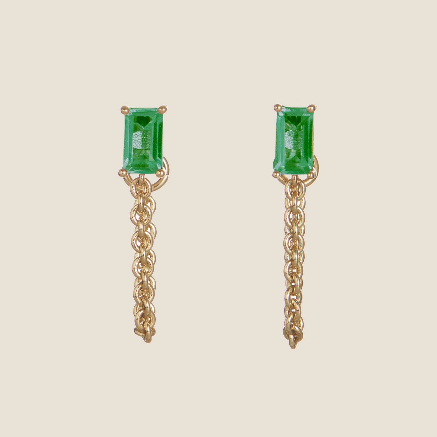 Green Baguette Chain Drop Earrings