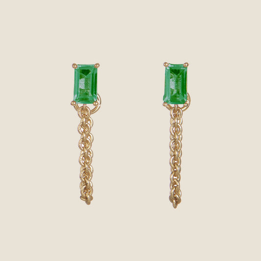 Green Baguette Chain Drop Earrings