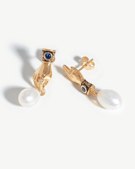 Fine Drop Earrings in Solid Gold Pearl and Blue Sapphire