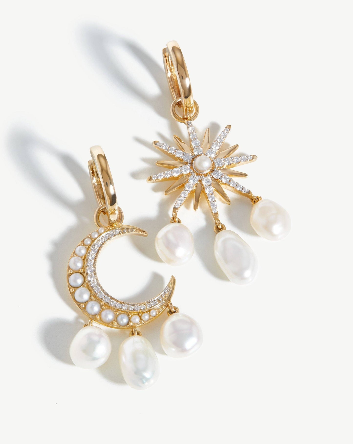 Moon Starlight Earrings in Solid Gold Pearl and Diamond