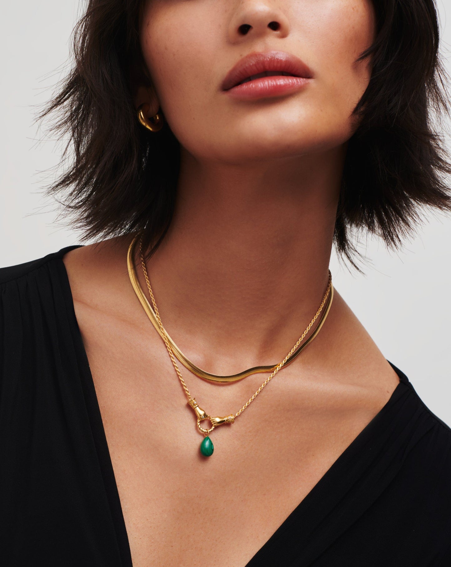 Drop Pendant Necklace with 18k Gold Plated Malachite and Pearl