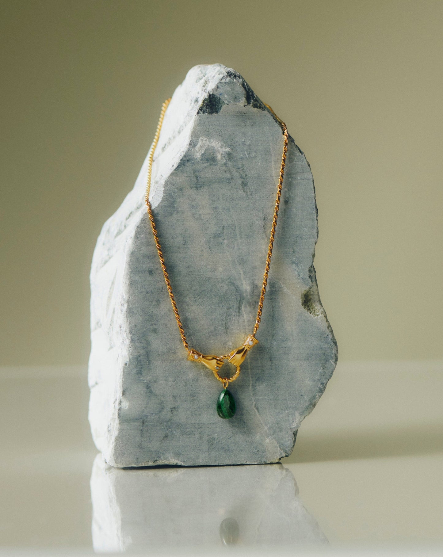 Drop Pendant Necklace with 18k Gold Plated Malachite and Pearl