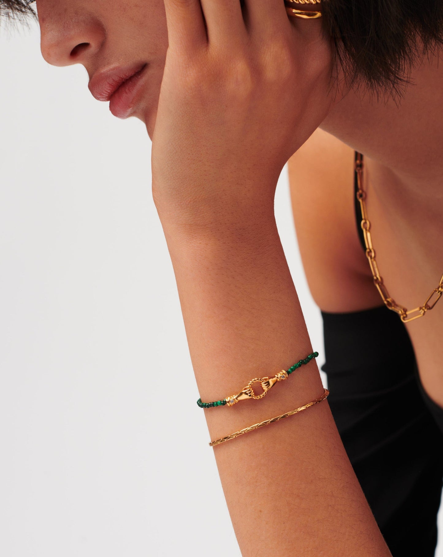 18k Gold Plated Malachite Beaded Gemstone Bracelet