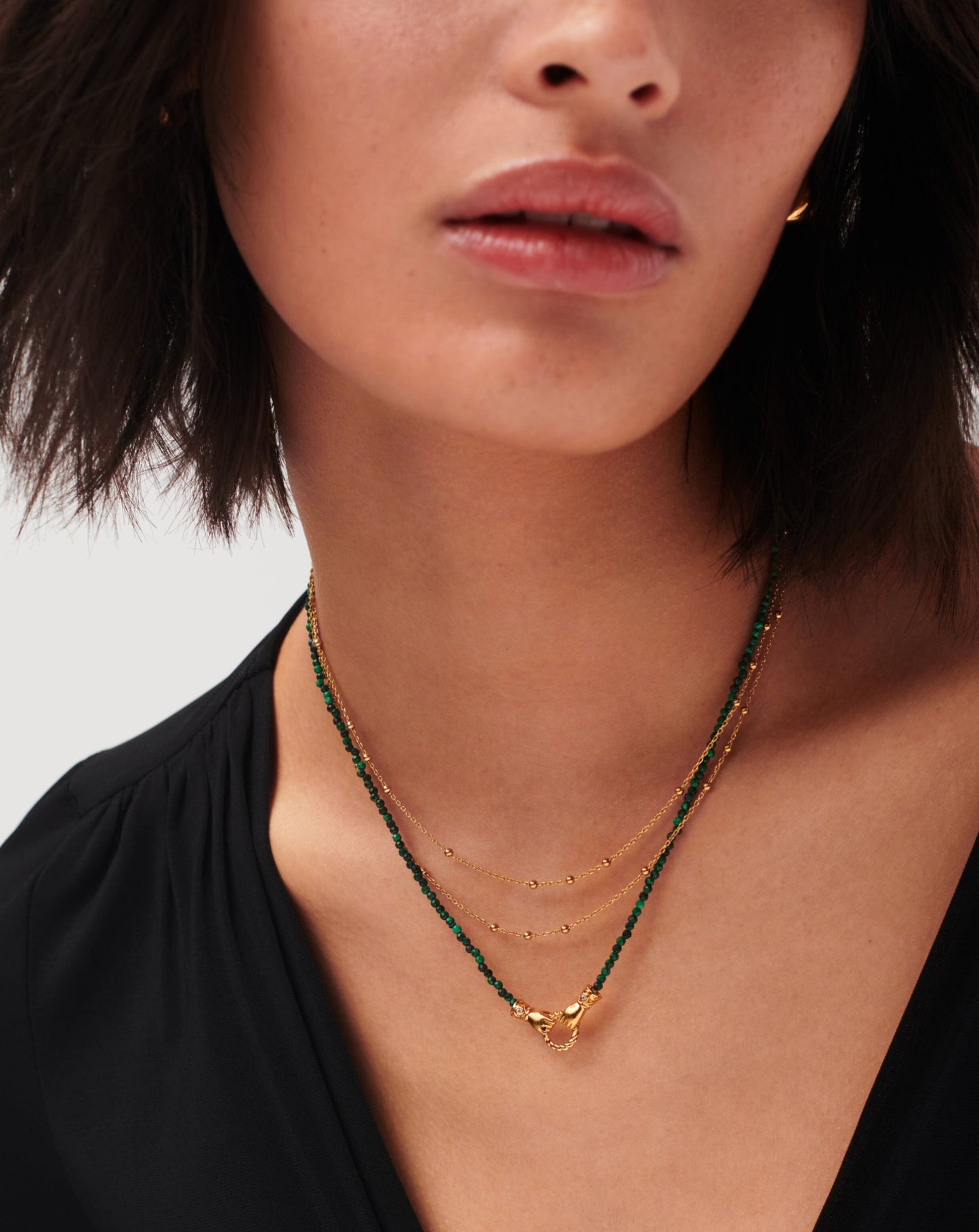 Mini Beaded Gemstone Necklace in 18k Gold Plated Malachite