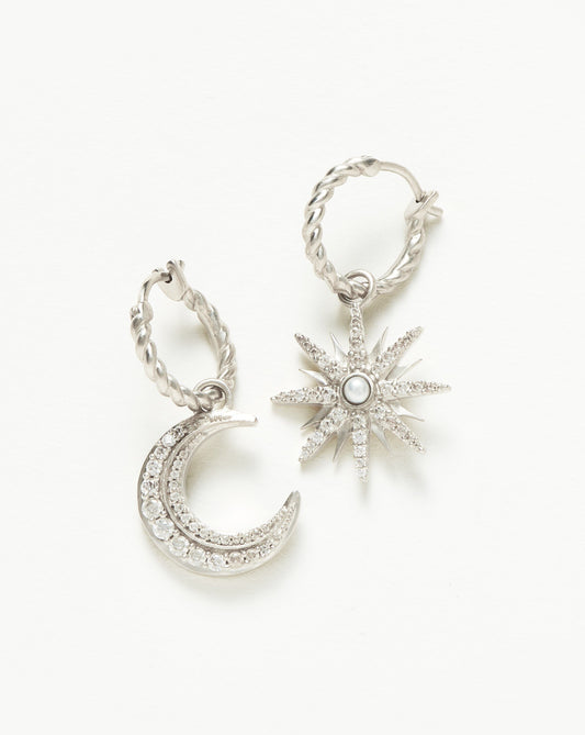 Silver Plated Pearl Hoop Earrings with Moonlight Design