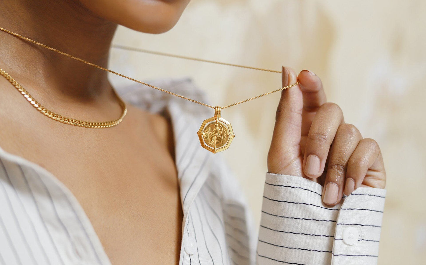 Engravable Octagon Medallion Coin Necklace in Gold Plated