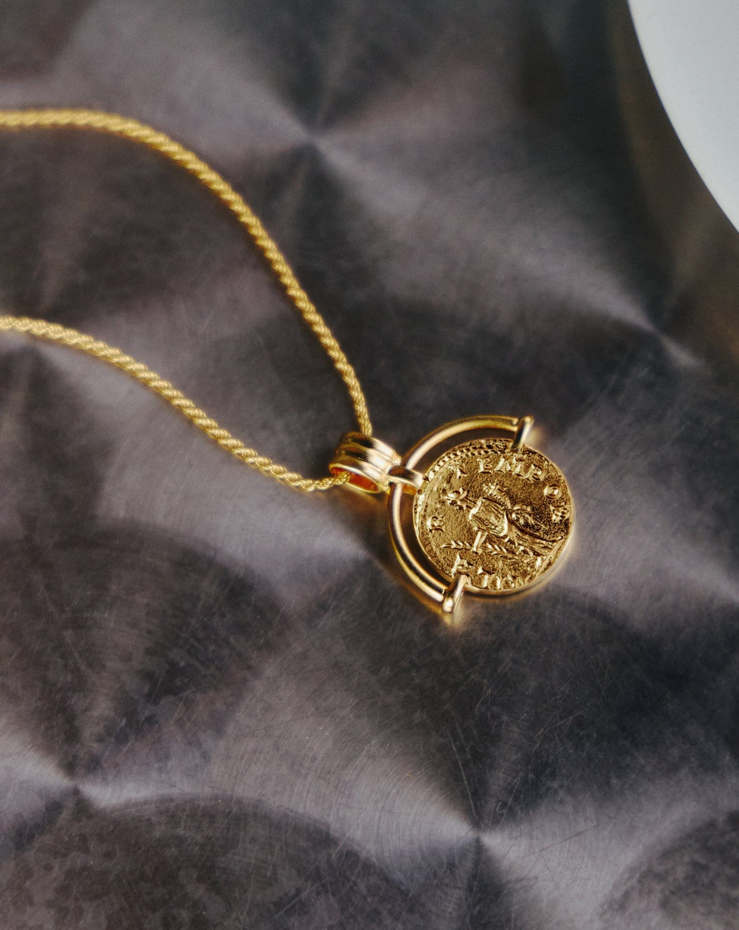 Medium Engravable Roman Arc Coin Necklace in Gold Plating