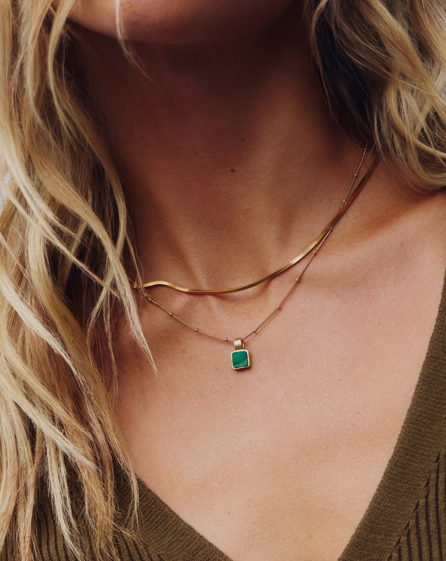 Square Malachite Necklace in Gold Vermeil