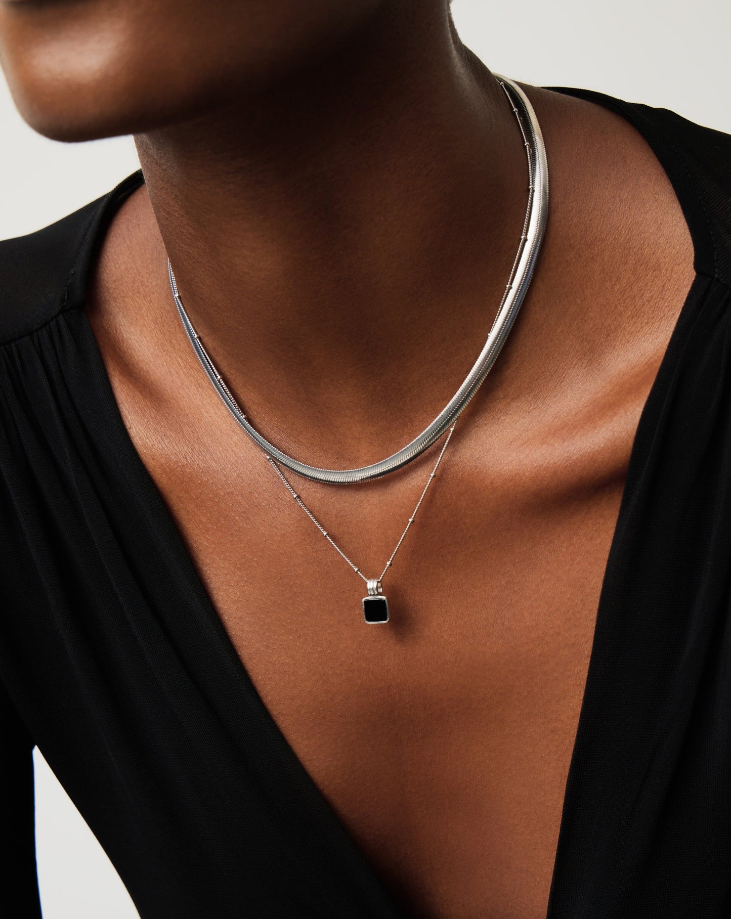 Square Onyx Necklace in Sterling Silver