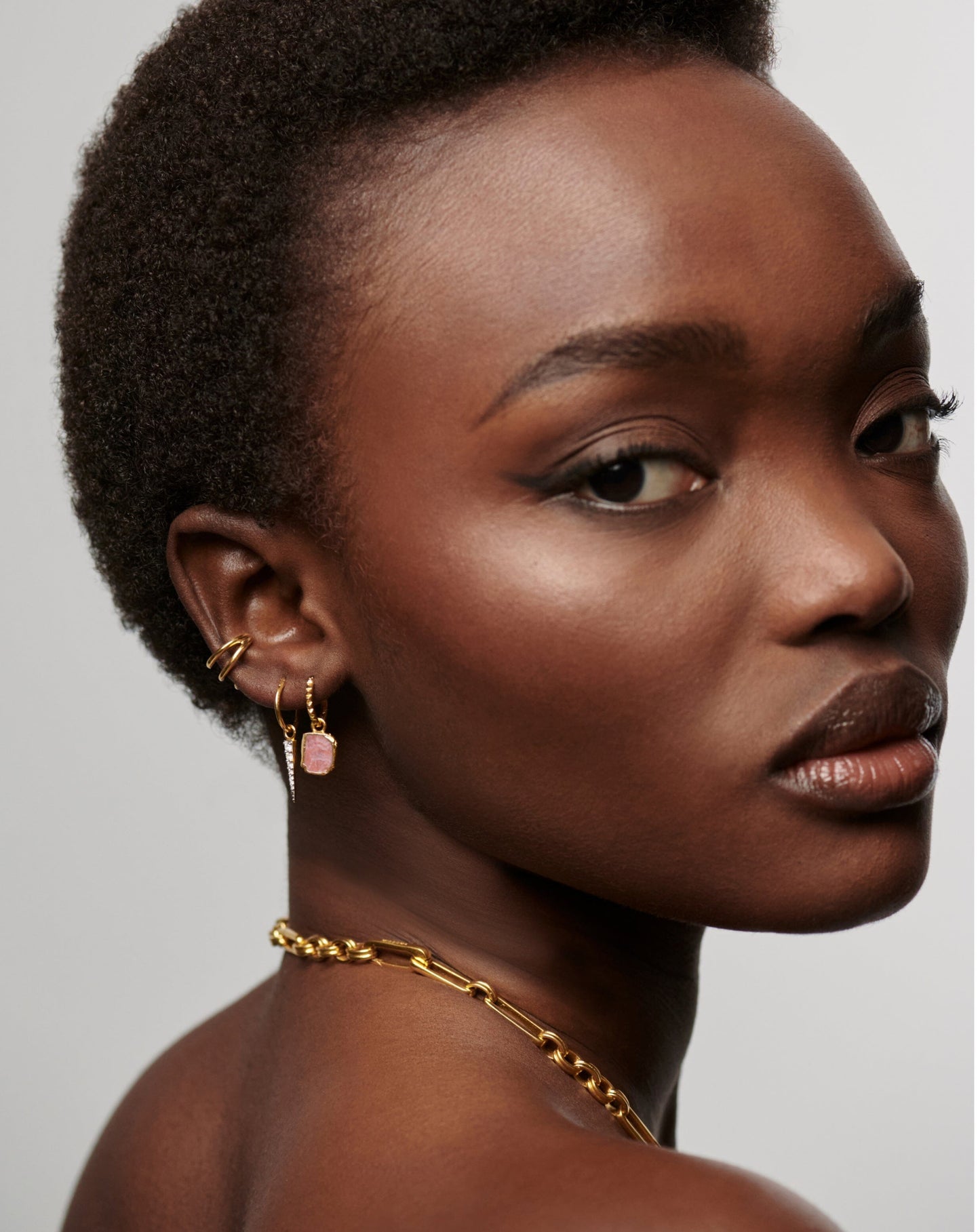 Pyramid Charm Hoop Earrings in Gold Vermeil and Rhodochrosite