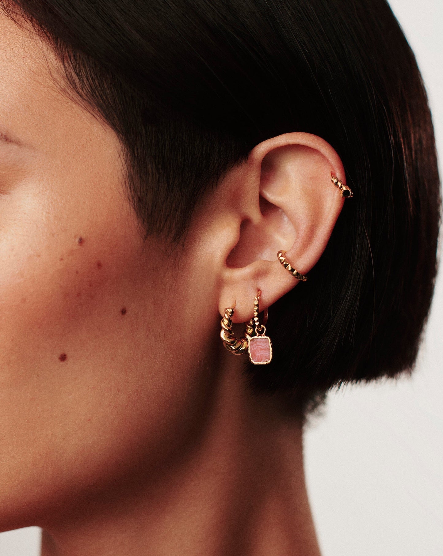 Pyramid Charm Hoop Earrings in Gold Vermeil and Rhodochrosite