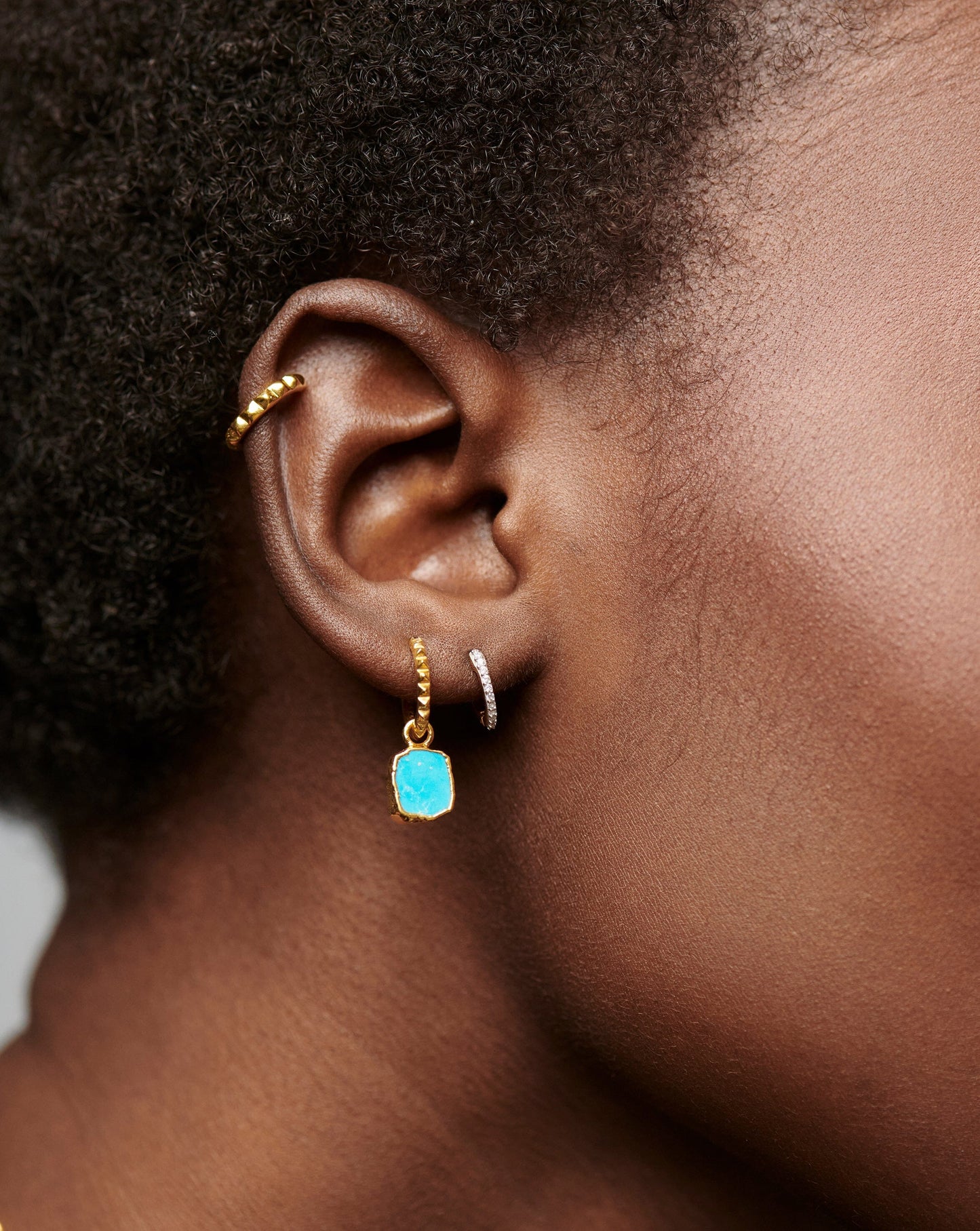 Turquoise Mini Pyramid Charm Hoop Earrings in Gold Vermeil