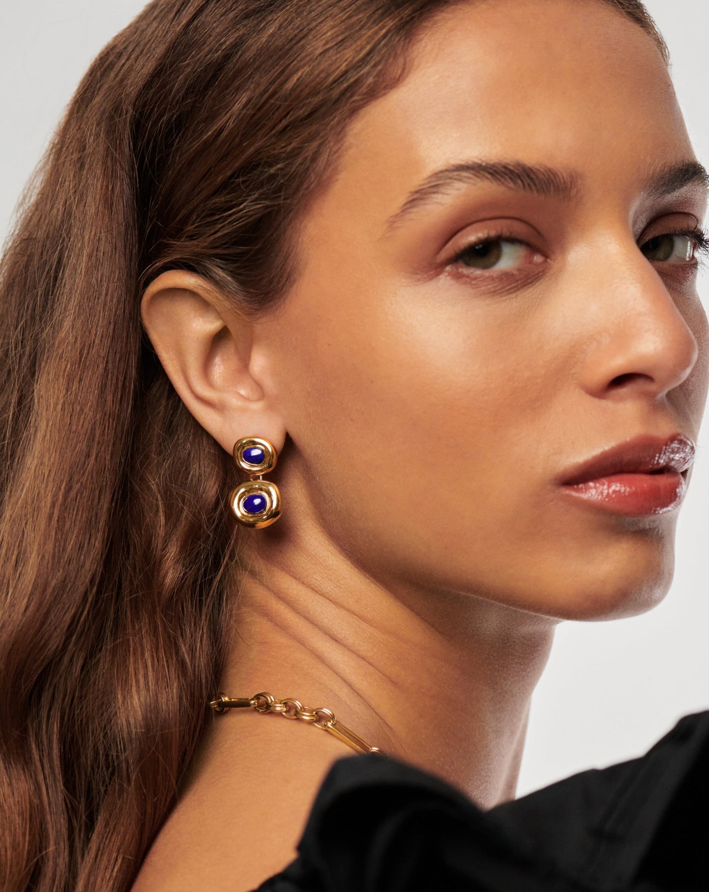 Gold Plated Lapis Double Charm Drop Earrings