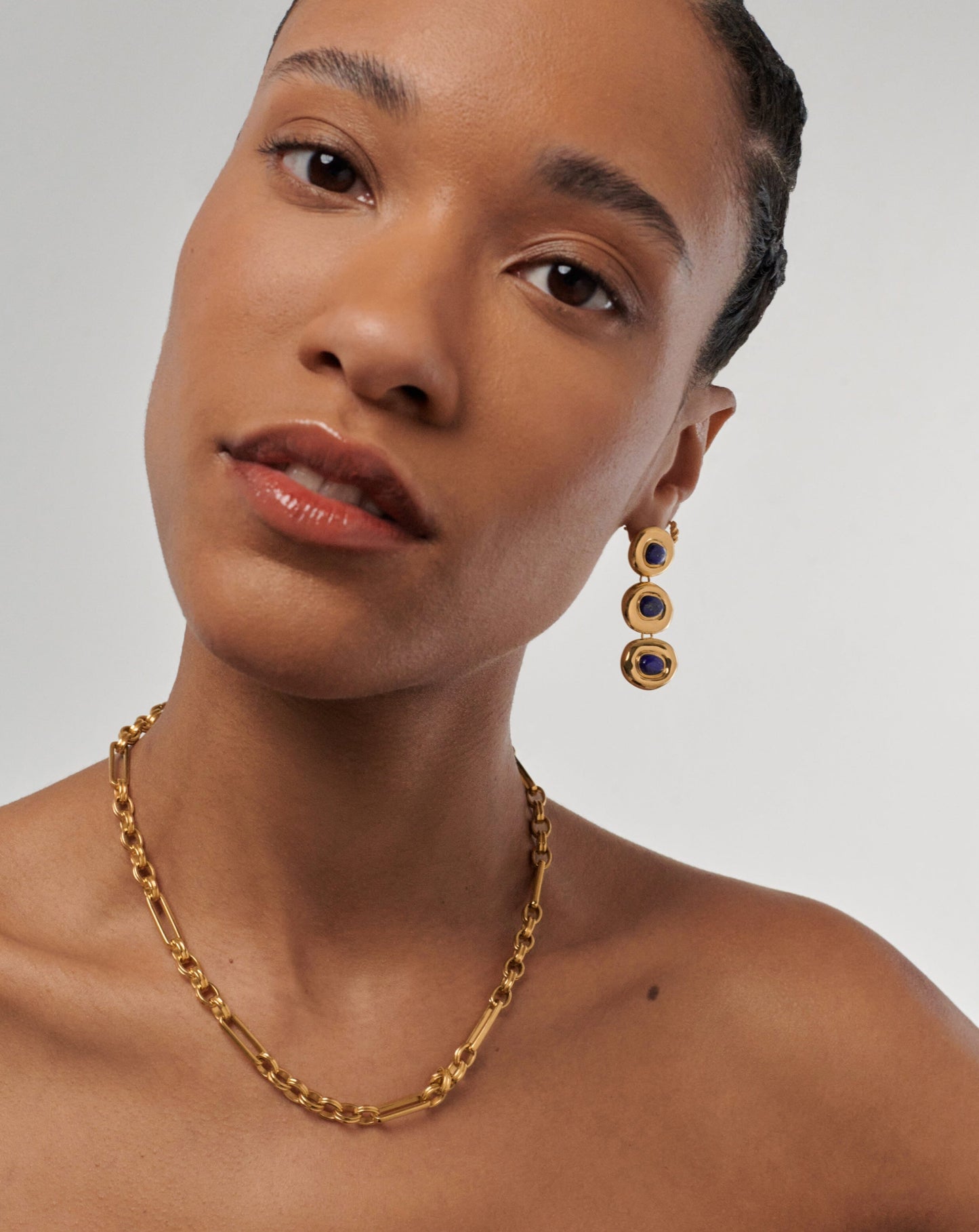 Triple Charm Drop Earrings in 18k Gold Plated Lapis