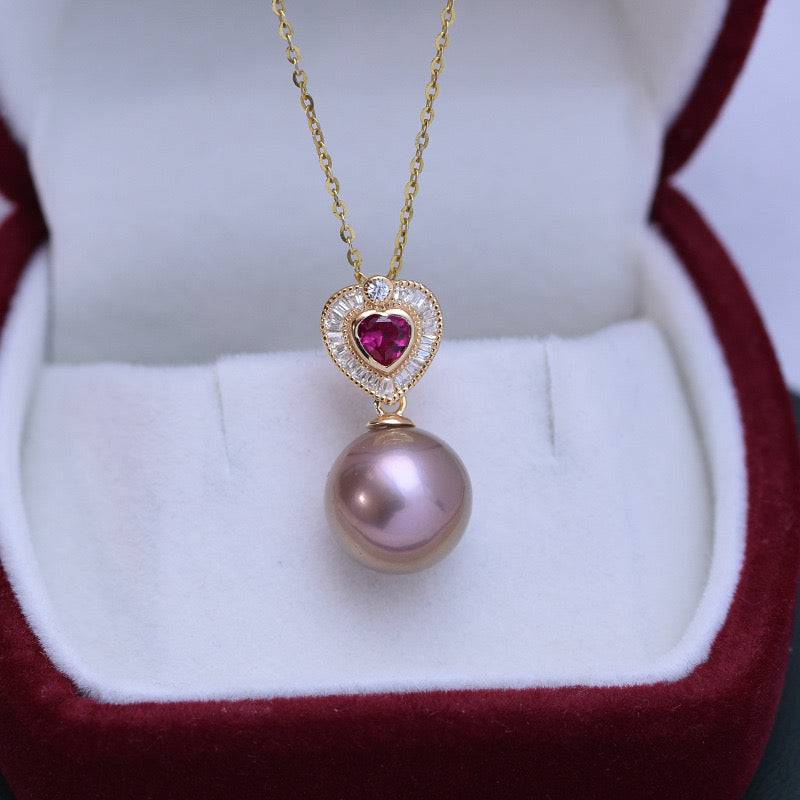 Freshwater Pearl and Red Gem Heart Necklace