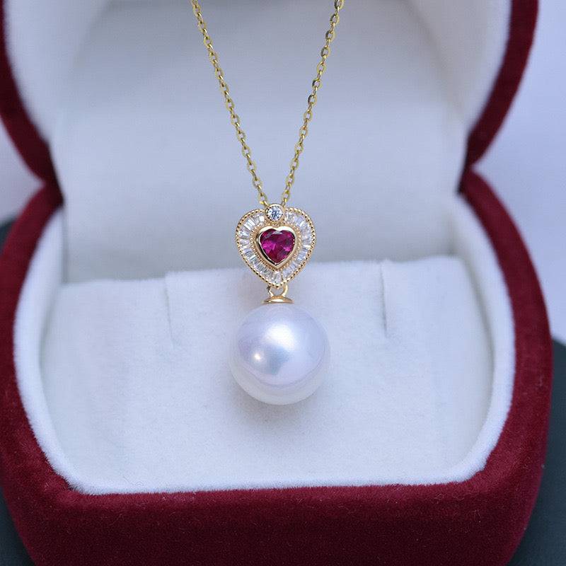 Freshwater Pearl and Red Gem Heart Necklace