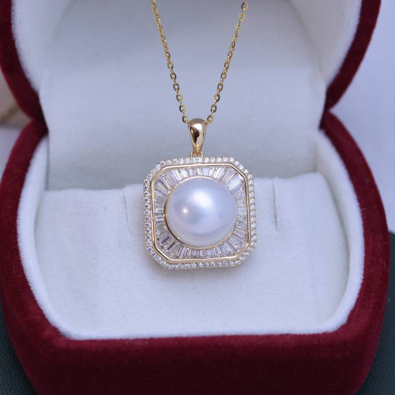 Freshwater Pearl and Square CZ Pendant Necklace