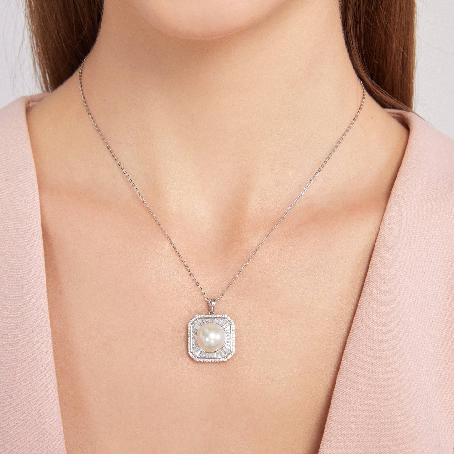 Freshwater Pearl and Square CZ Pendant Necklace