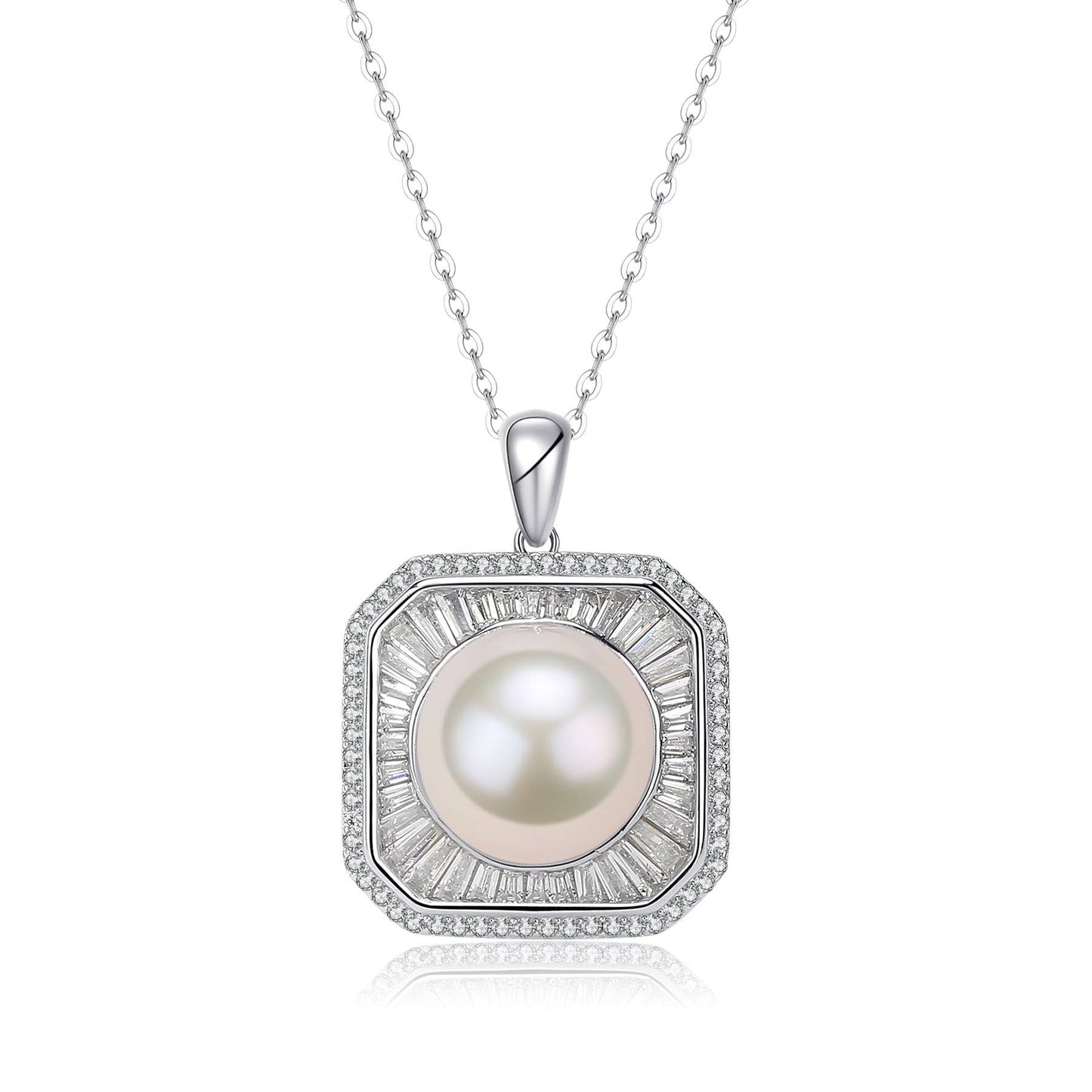 Freshwater Pearl and Square CZ Pendant Necklace