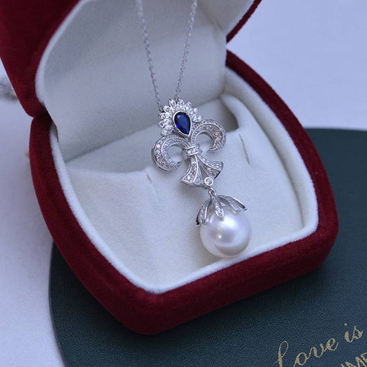 Vintage CZ Blue Gem and Pearl Necklace