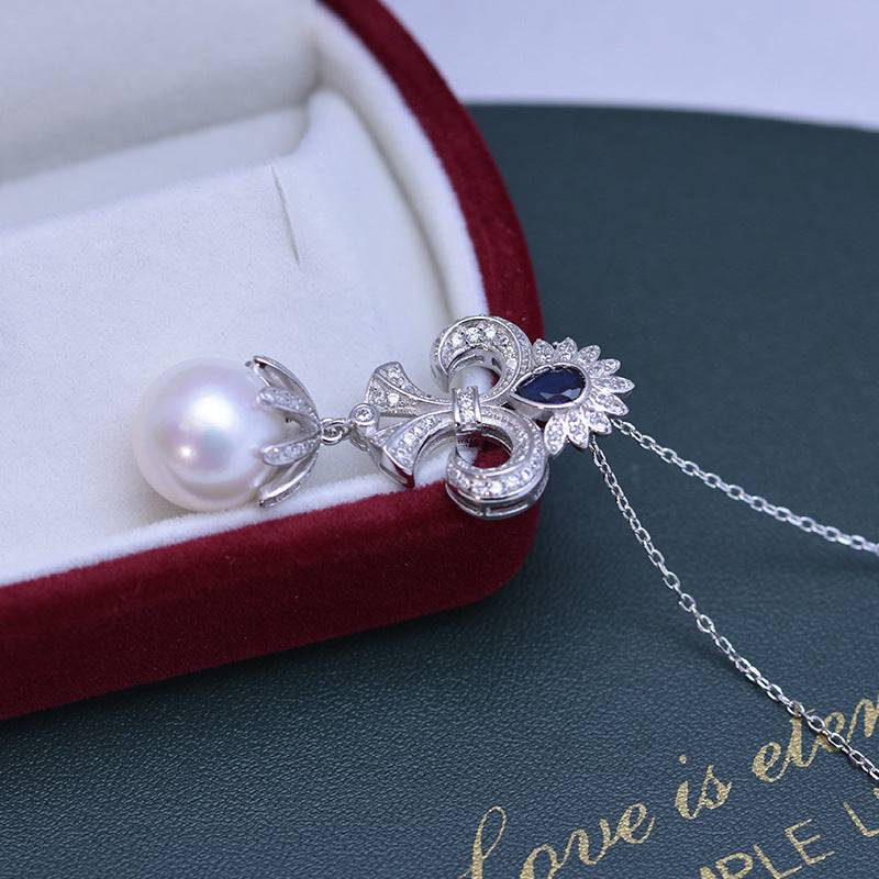 Vintage CZ Blue Gem and Pearl Necklace