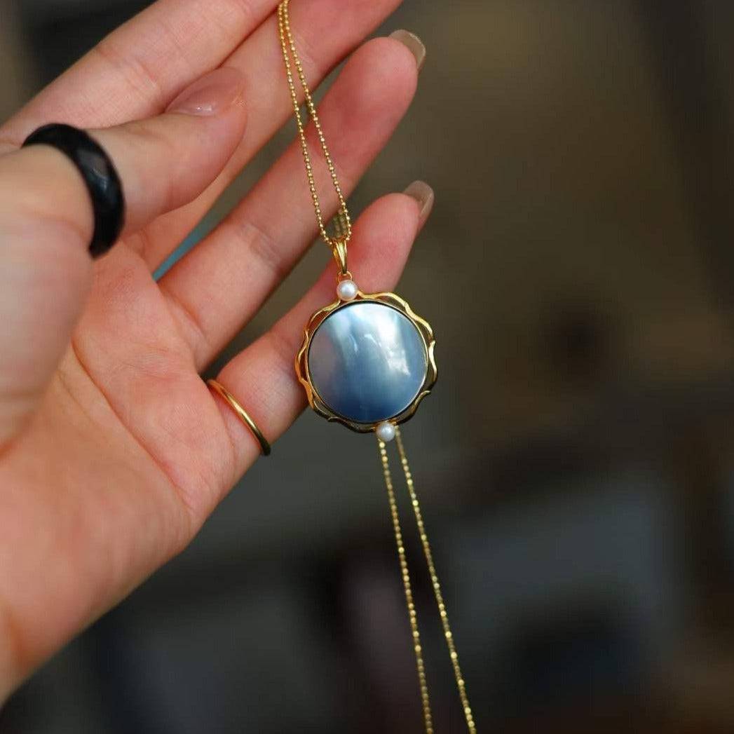 Round Blue Mabe Pendant Necklace in Gold Vermeil