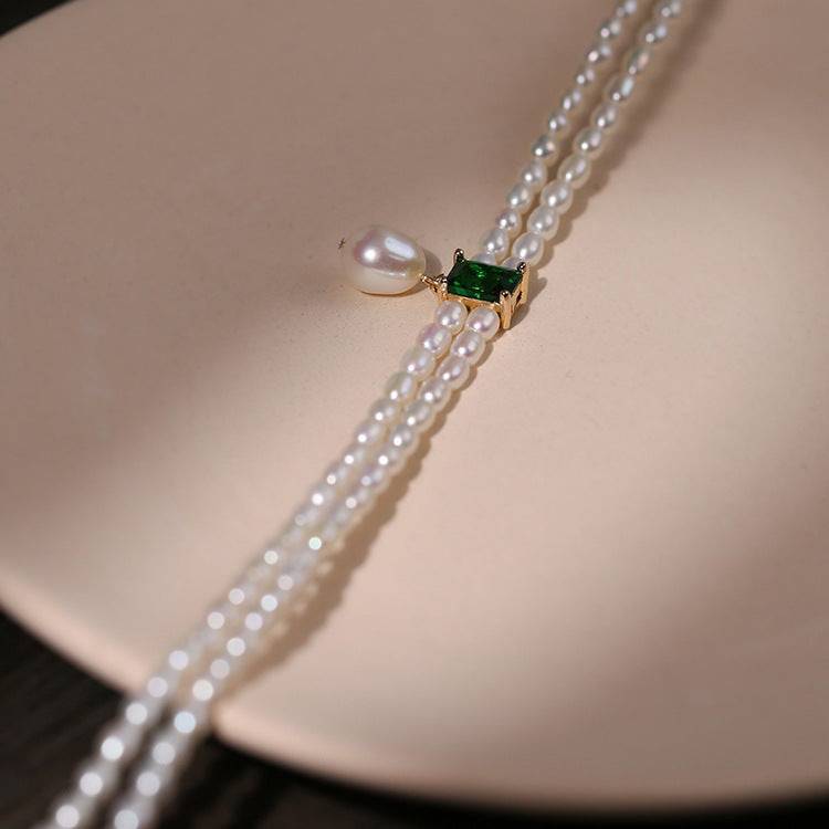 Slim Freshwater Pearl Double Strand Necklace with Emerald