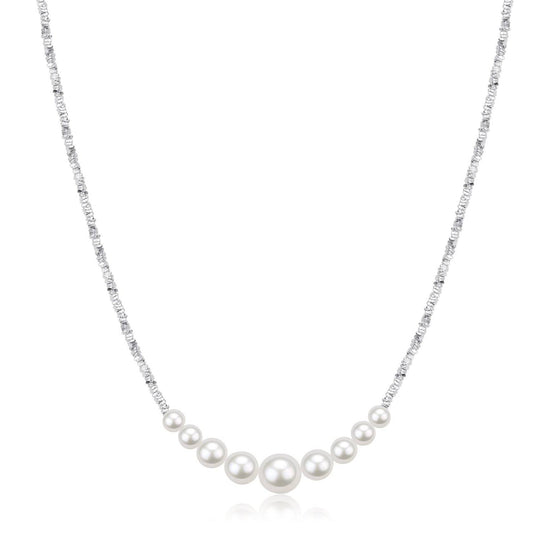 White Pearl Necklace with Silver Shards Design