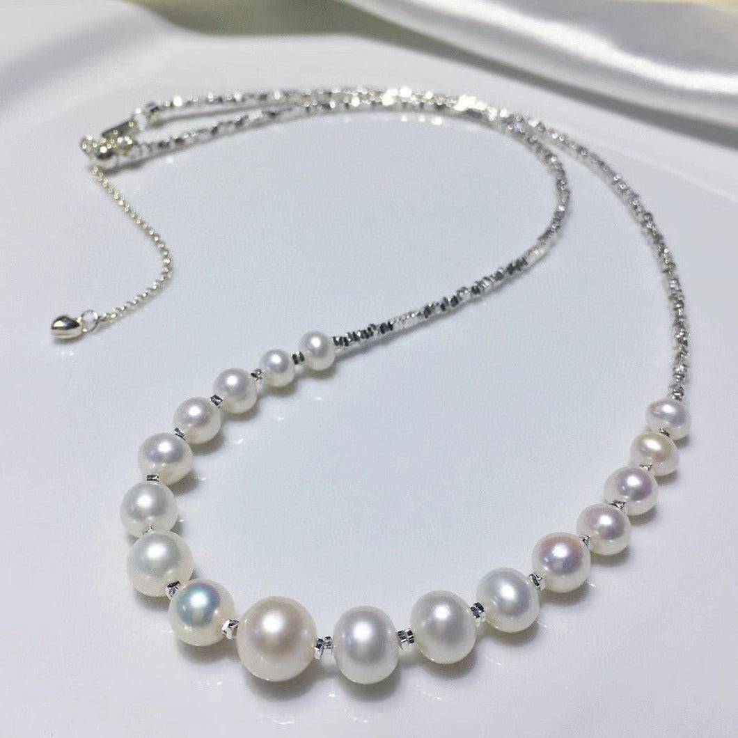 White Pearl Necklace with Silver Shards Design