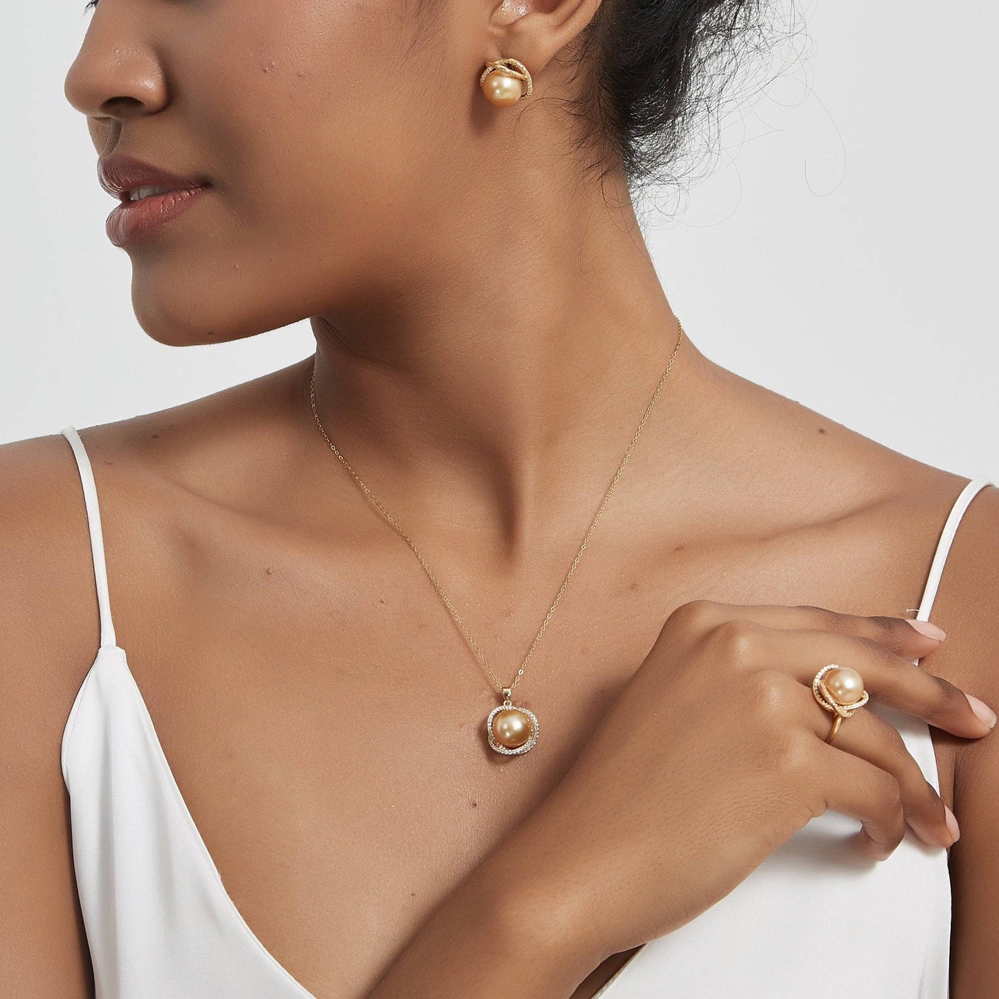 Rose Pendant Necklace with Golden South Sea Pearls and CZ