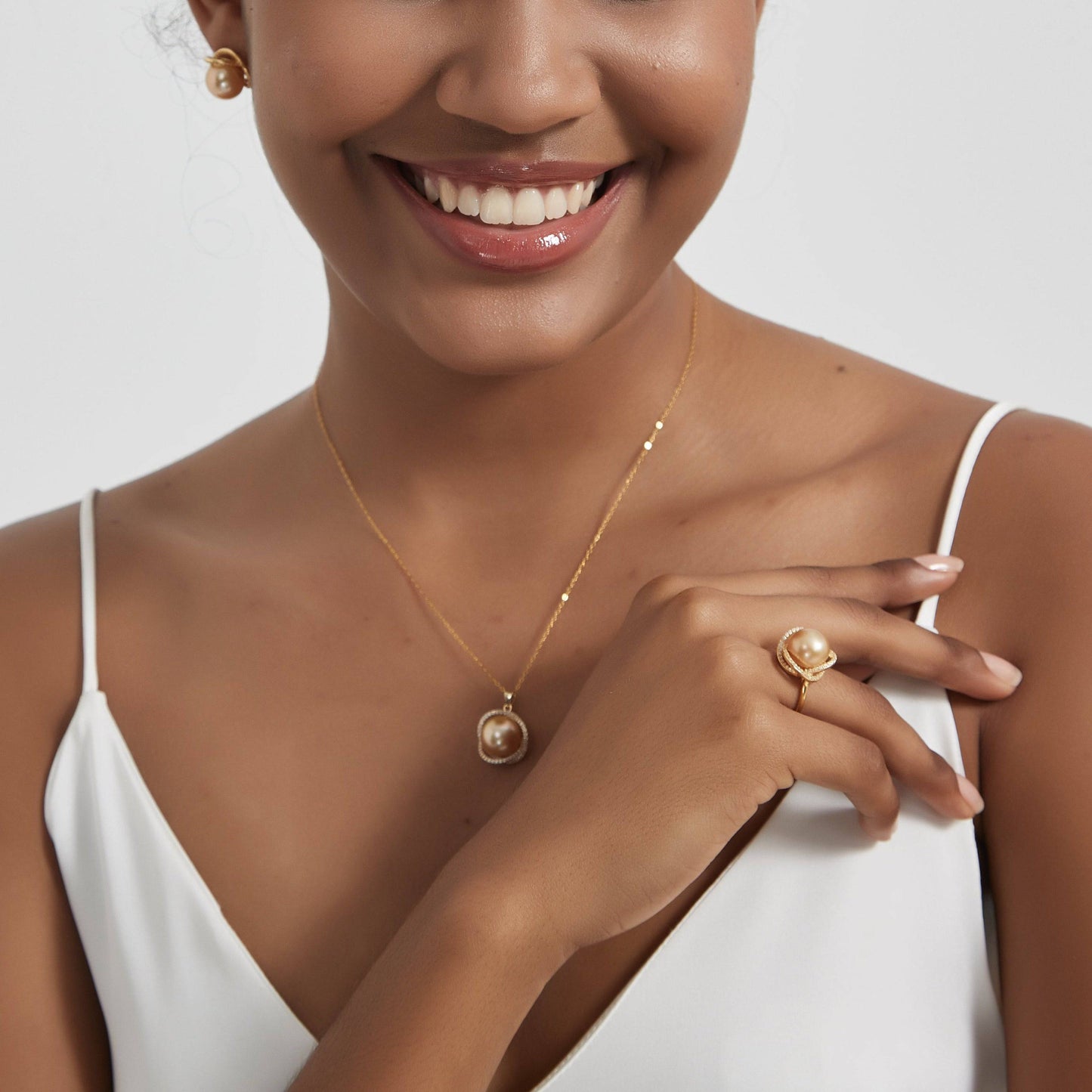 Rose Pendant Necklace with Golden South Sea Pearls and CZ